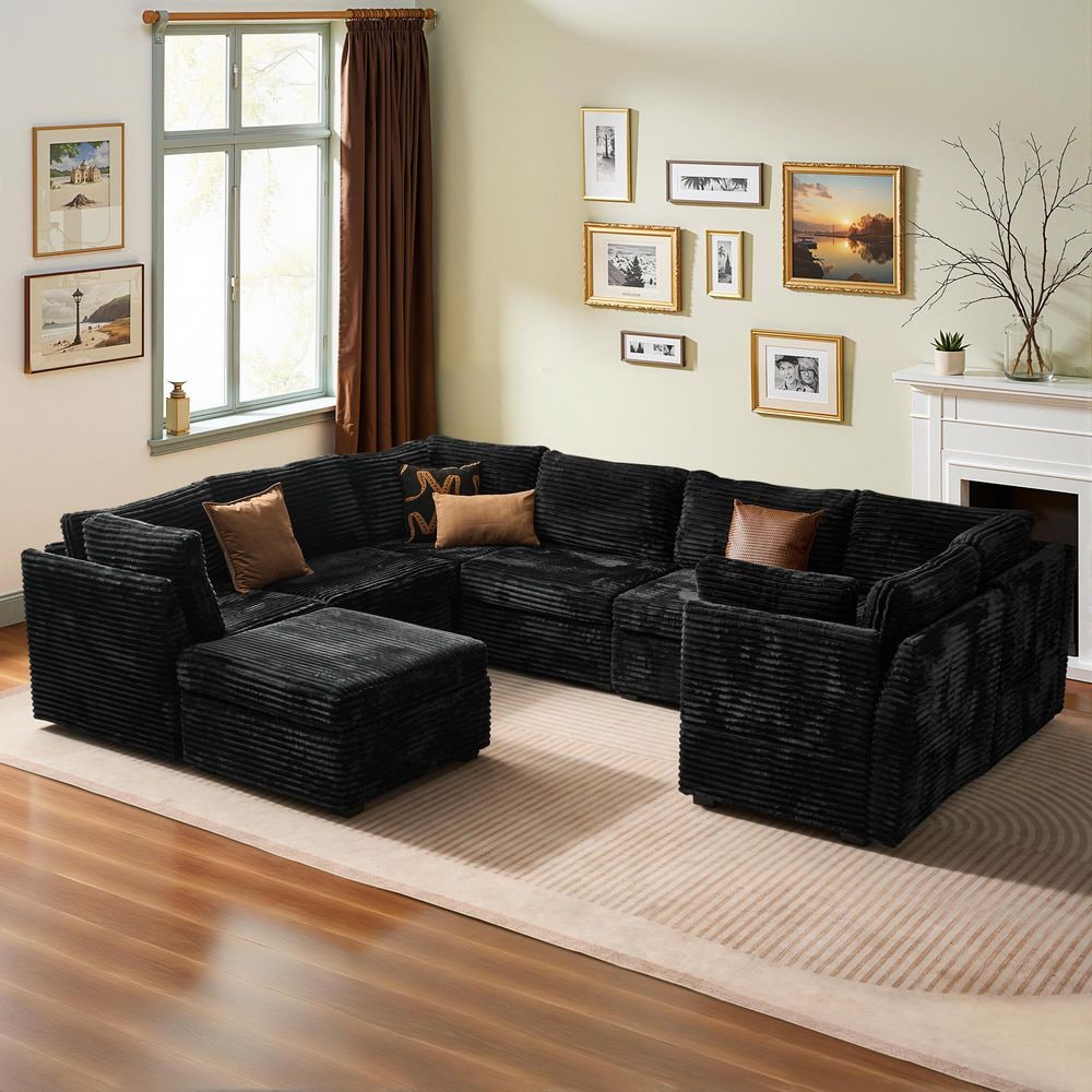Cuke 127 in. Wide 8-Piece Modern Deep Seat Plush Corduroy U-Shape Modular Sectional Sofa Couch in Black with Ottoman
