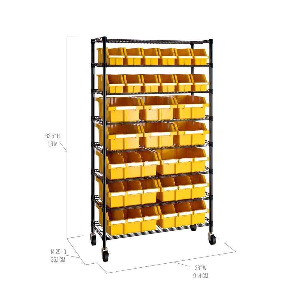 63.5" Black Steel 8-Tier Storage Rack with Yellow Bins