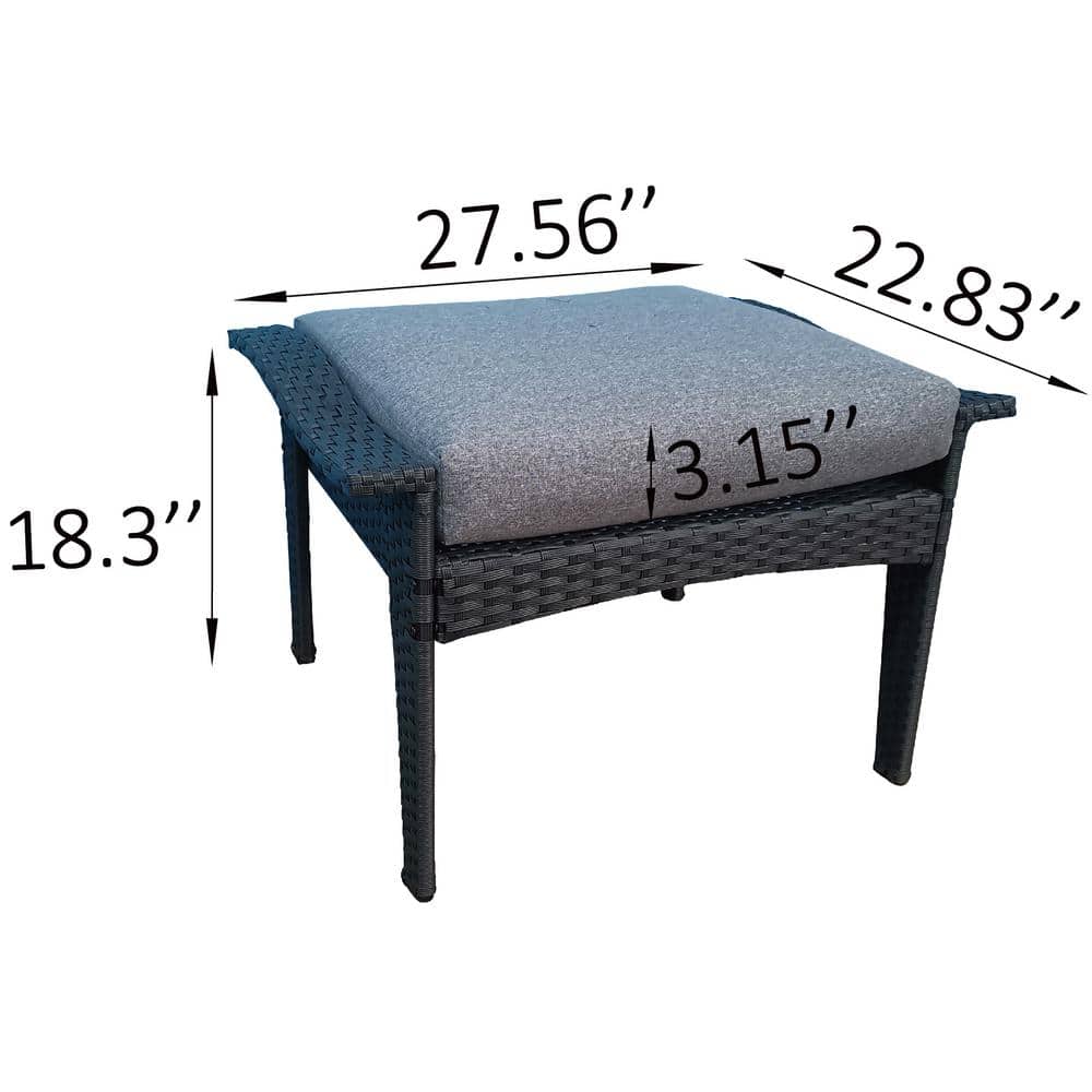 Measurement diagram of a black rattan wicker patio ottoman with gray cushion