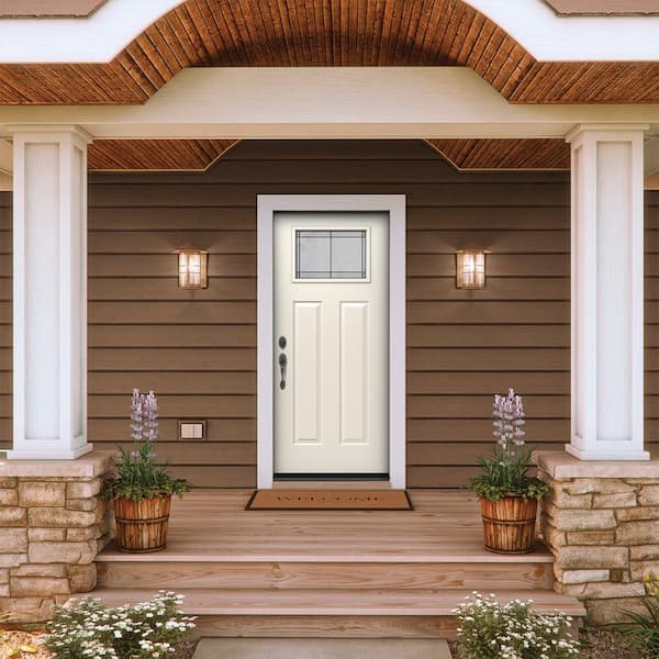 36 in. x 80 in. Right-Hand Craftsman Ballantyne Decorative Glass Primed Steel Prehung Front Door