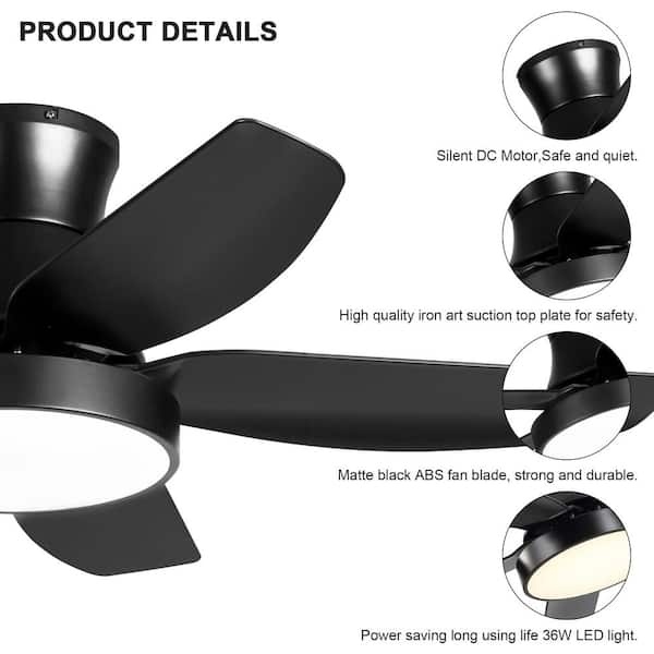 Etokfoks 46 in. Indoor Black Flush Mount Low Profile Ceiling Fan ...