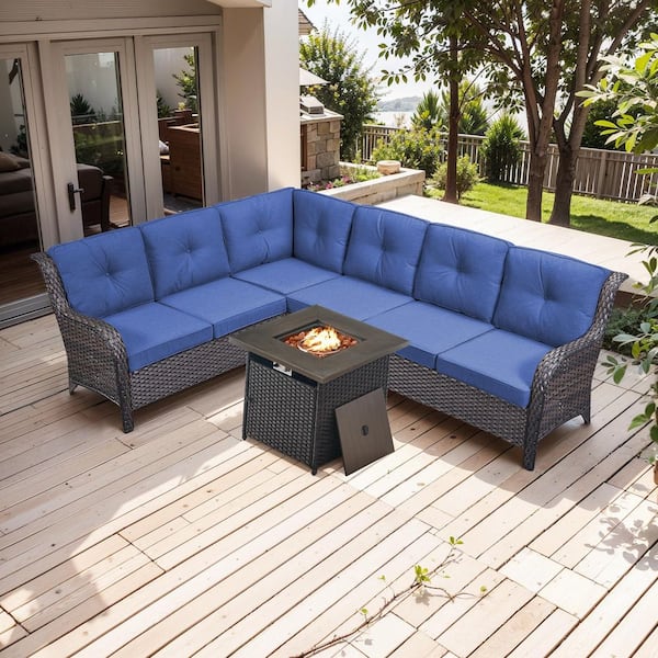 moosprr Arcline 3-Piece Brown Wicker Fire Pit Conversation Set with Olefin Blue Cushions and L-Shaped Sofa/Fire Pit Table