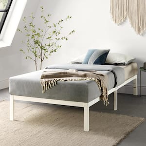 Rocky Base E 14 in. White Twin Extra Long Metal Platform Bed, Patented Wide Steel Slats