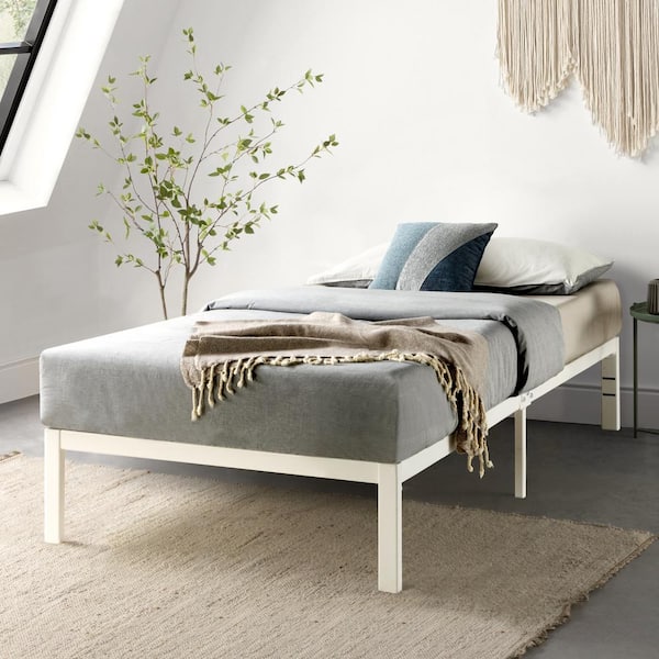 MELLOW Rocky Base E 14 in. White Twin Extra Long Metal Platform Bed, Patented Wide Steel Slats
