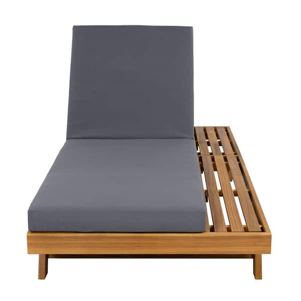 Acacia Wood Outdoor Lounge Chaise Chair with Dark Gray Cushion, Space Anailable On One Side