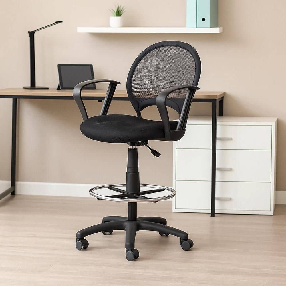 Rea Fabric Footring Ergonomic Office Stool in Black with Loop Arms