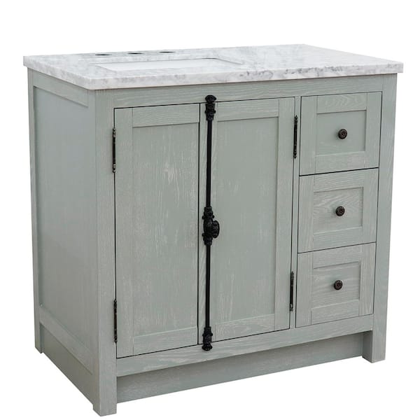 Bellaterra Home 37 in. W x 22 in. D x 36 in. H Bath Vanity in Gray Ash with White Marble Vanity Top and Left Side Rectangular Sink