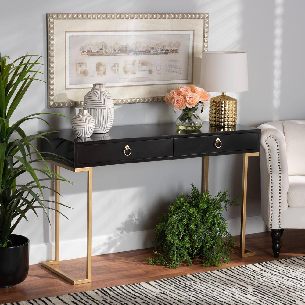 Black and Gold Wood Metal 2-Drawer Console Table