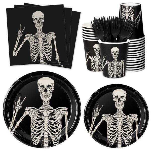 Halloween Smiling Skeleton Disposable Tableware Set with Paper Plates, Napkins, Cups and Cutlery for 25 Guests