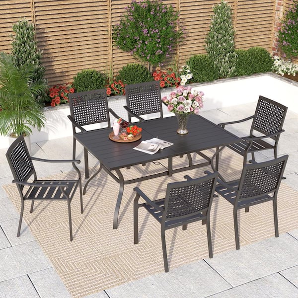 PHI VILLA 7-Piece Metal Patio Outdoor Dining Sets Table with Umbrella Hole