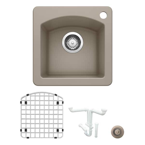 Blanco Diamond Granite Composite 15 in. 1-Hole Drop-in/Undermount Bar Sink Kit in Truffle with Accessories