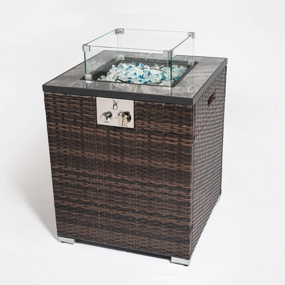 Outdoor Wicker 28 in. Fire Pit Table with Lid, Blue Glass Beads and Glass W