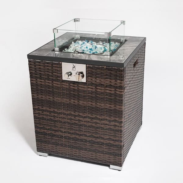 Unbranded Outdoor Wicker 28 in. Fire Pit Table with Lid, Blue Glass Beads and Glass Wind Guard