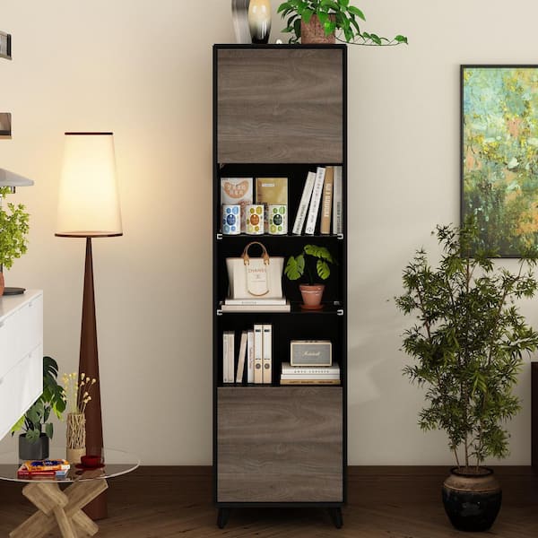 Black and Gray Wood Grain Wooden 18.9 in. W Sideboard, Storage Cabinet, Bookcase with 5-Shelves and 2-Doors