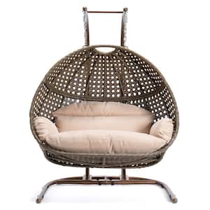 Brown Wicker Hanging Double-Seat Swing Chair with Stand Beige Cushion