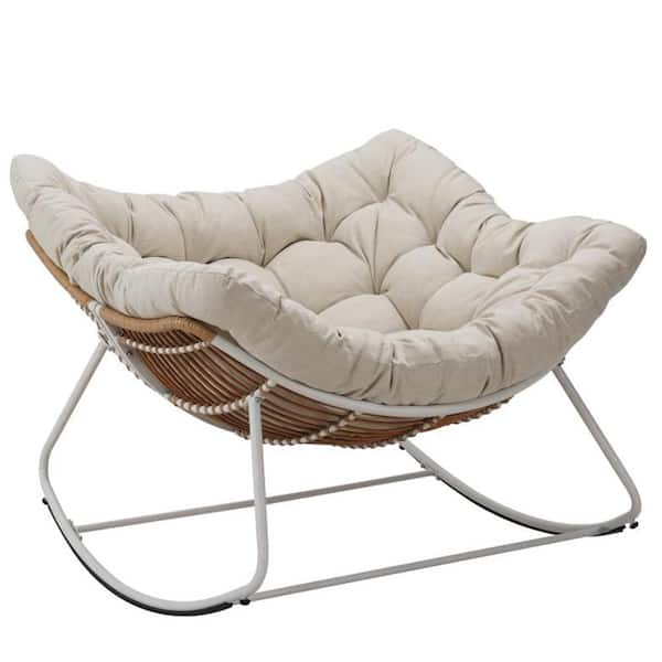 Wicker Outdoor Rocking Chair with Beige Cushion Egg Chair Recliner ...