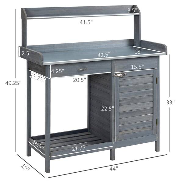 Outdoor Potting Bench With Upper Hutch & Wheels – Solid Wood Garden Table, Stainless Top, Lockable Wheels (Grey Blue)