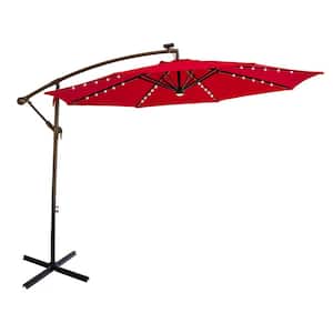 10 ft. Steel Cantilever Solar Patio Umbrella with LED Lights and Cross Base Stand in Red Solution Dyed Polyester