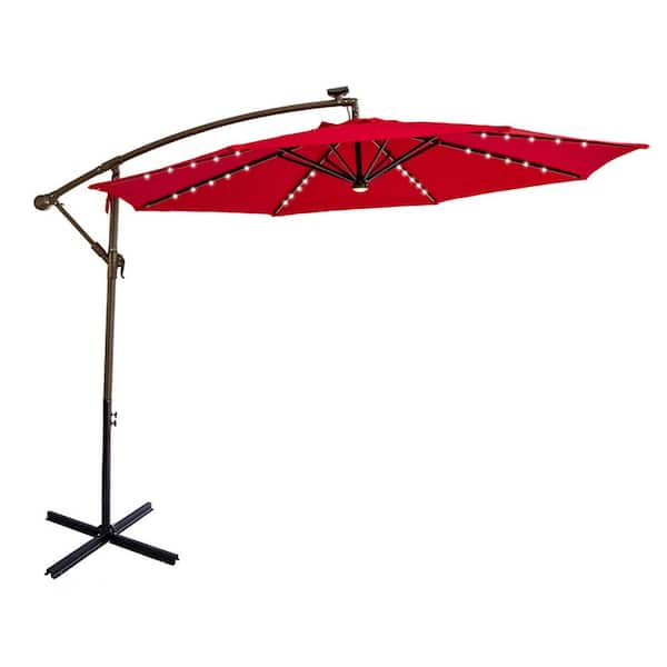 C-Hopetree 10 ft. Steel Cantilever Solar Patio Umbrella with LED Lights and Cross Base Stand in Red Solution Dyed Polyester
