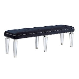 Varian Black Velvet and Mirrored Bench with Upholstered Seat 19 in. x 17 in. x 60 in.