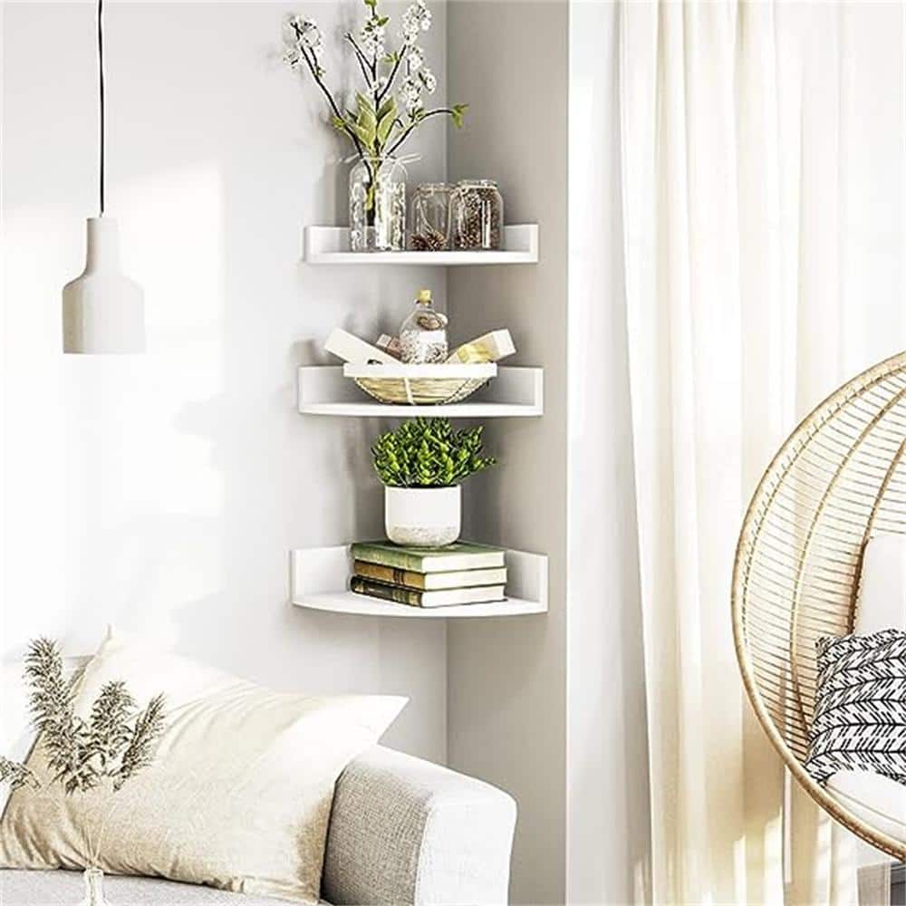 White Wood 3-Tier Floating Corner Shelves