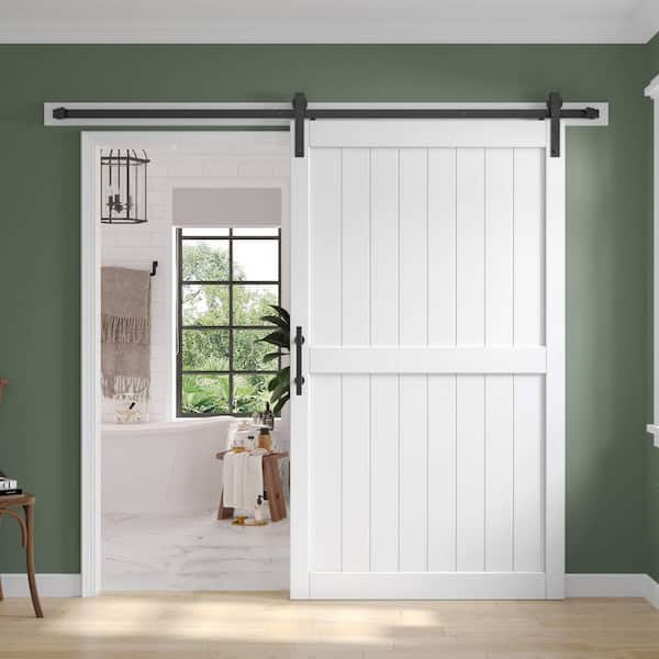 easelife 48 in. x 84 in. White Paneled H Shape Solid MDF Sliding Barn Door with Hardware Kit