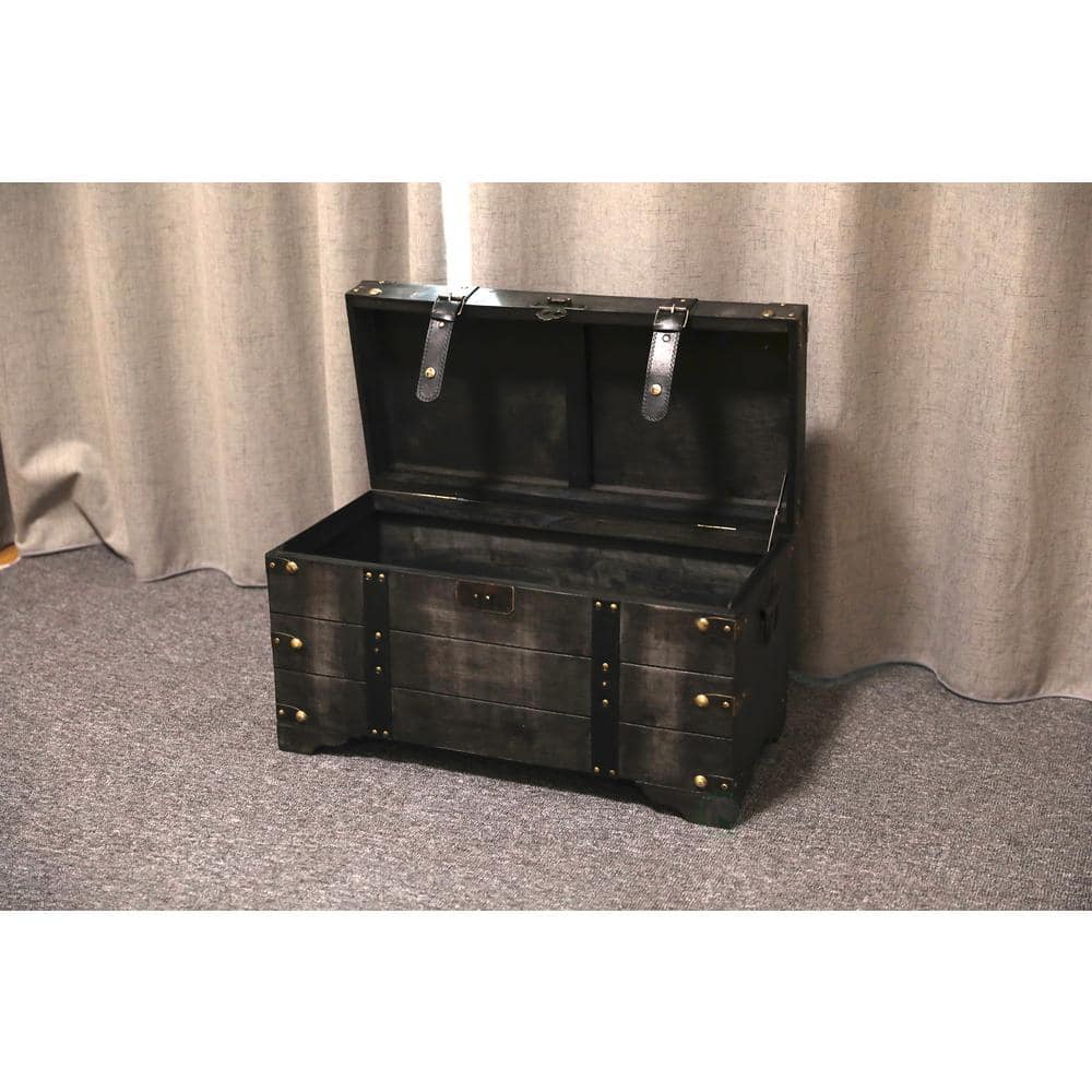 Distressed Black Medium Wooden Storage Trunk with Faux Leather Straps