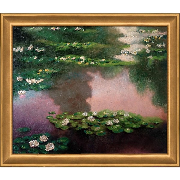 LA PASTICHE Water Lilies, Green and Violet by Claude Monet Muted Gold Glow Framed Abstract Oil Painting Art Print 24 in. x 28 in.