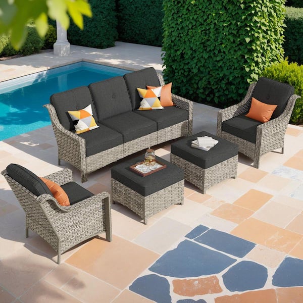 Eureka Grey 5-Piece Wicker Modern Outdoor Patio Conversation Sofa Seating Set with Black Cushions