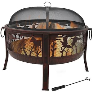 Pheasant Hunting 30 in. x 25 in. Round Steel Wood Burning Fire Pit in Bronze with Spark Screen