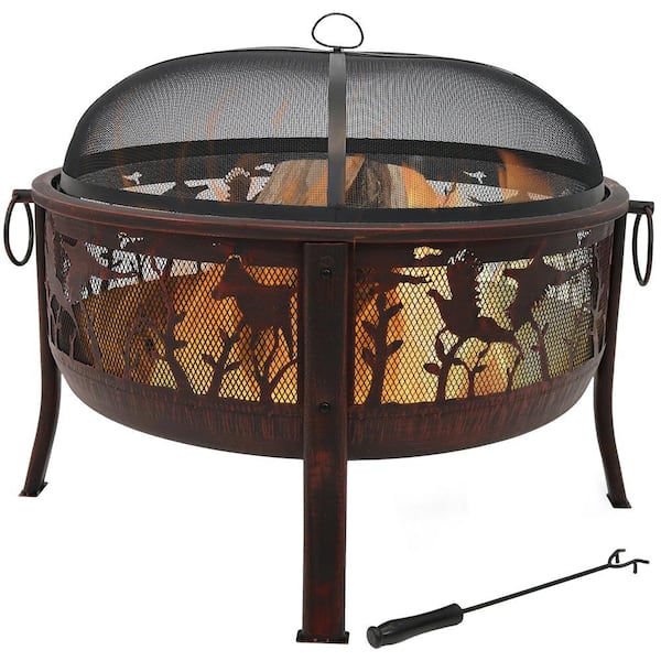 Sunnydaze Decor Pheasant Hunting 30 in. x 25 in. Round Steel Wood Burning Fire Pit in Bronze with Spark Screen