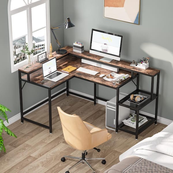 Tribesigns Reversible L Shaped Computer Desk with Monitor Stand, 69 inch Large Corner Desk with Storage Shelf, Industrial Computer Table Writing Desk