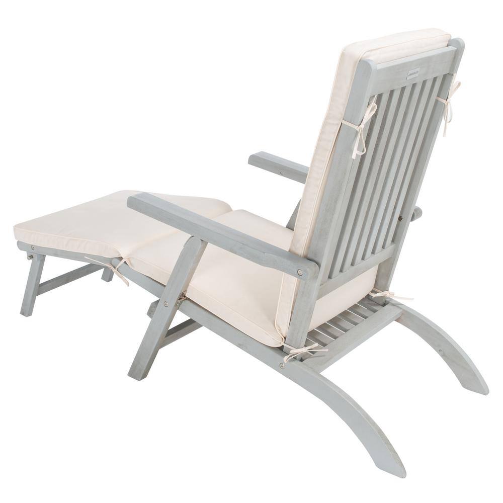 Ocean Liner Inspired 48" Grey Acacia Wood Chaise Lounge with Beige Cushion