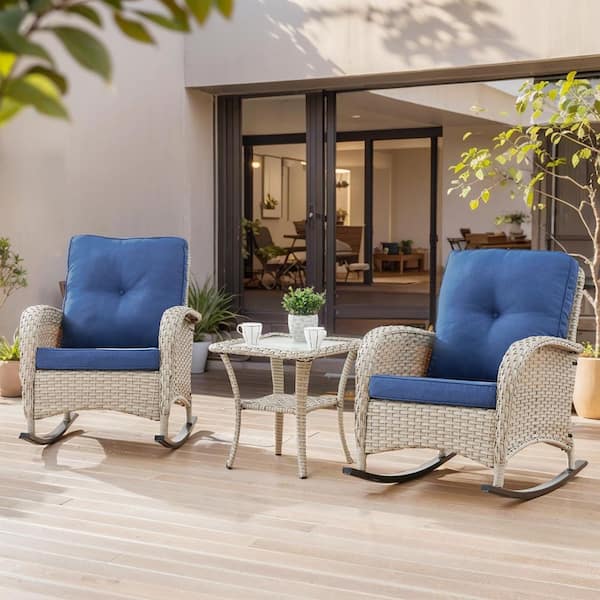 Opohoro PlainCurve 3-Piece Light Beige Wicker Outdoor Rocking Chairs Patio Conversation Set with Olefin Blue Cushions