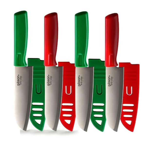 Grantville 4 Piece 6 Inch Stainless Steel Full Tang Santoku Knife with Sheath in Red and Green