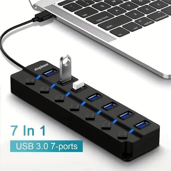 Etokfoks USB 3.0 Splitter, 7-Port USB 3.0 Hub with Individual Power Switches and Portable Expansion Data Hub with Type C Adapter