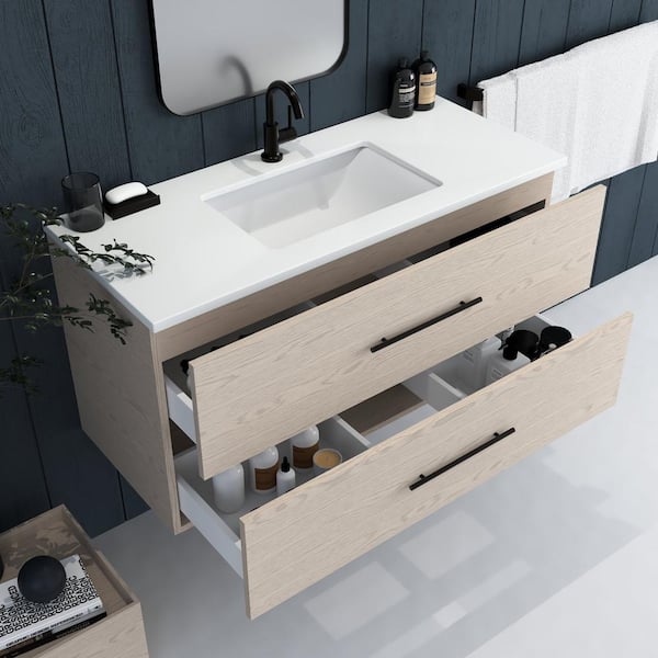 Napa 48" W x 22" D x 21-3/8" H Single Sink Bathroom Vanity Wall Mounted in Natural Oak with White Quartz Countertop