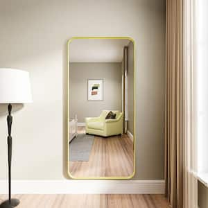 28 in. W x 60 in. H Rectangular Modern Gold Aluminum Framed Rounded Full Length Mirror