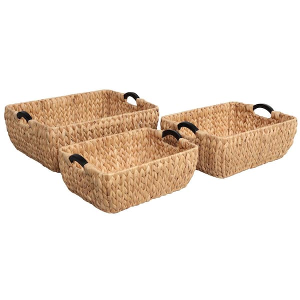 Astor Brown 21.26 in. x 8.46 in. Water Hyacinth Wicker Nesting Storage Decorative Basket, Natural (Set of 3)