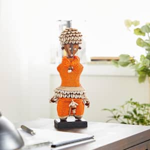 Small Hand-Crafted Pine Wood, Cowrie Shells, Orange Beads and Kente Cloth African Woman Namji Doll