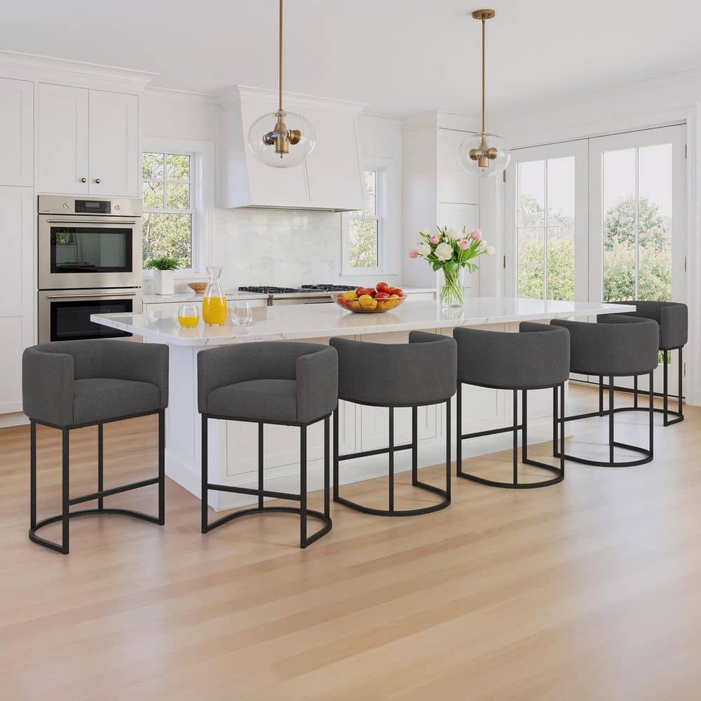 32.5 in. H Carbon Gray and Black Bar Stool Low Back Metal Frame Kitchen Counter Chair with Linen Seat (Set of 6)