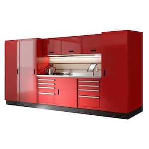 Select Series 75 in. H x 144 in. W x 22 in. D Aluminum Cabinet Set in Red with Stainless Steel Worktop (10-Piece)