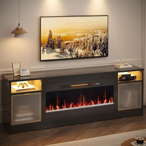 71 in. Freestanding Fireplace TV Stand for TVs Up to 80 in. with Ample Storage in Glossy Black