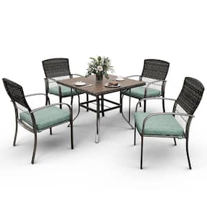 Brown 5-Piece PE Wicker Outdoor Dining Set with Green Cushions