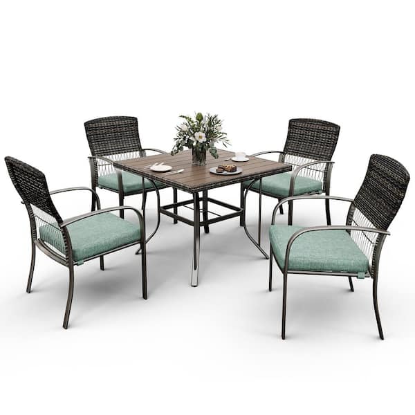 PamaPic Brown 5-Piece PE Wicker Outdoor Dining Set with Green Cushions