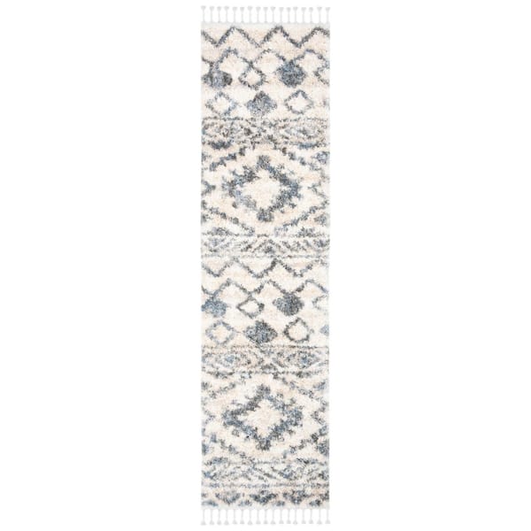 Berber Fringe Shag 2 ft. x 10 ft. Cream/Navy Diamond Geometric Runner Rug