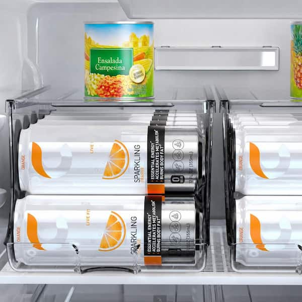 Clear Stackable Skinny Can Organizer with Lid Tall Soda Pop Can Holder Dispenser for Fridge Pantry Freezer 2 Pack
