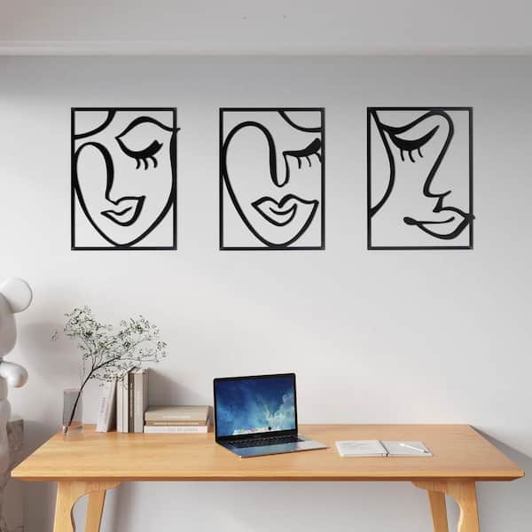 Avex 3-piece 15.9 in. x 11.8 in. Black Face Line Drawing Abstract Design Wall Architectural Decor Set