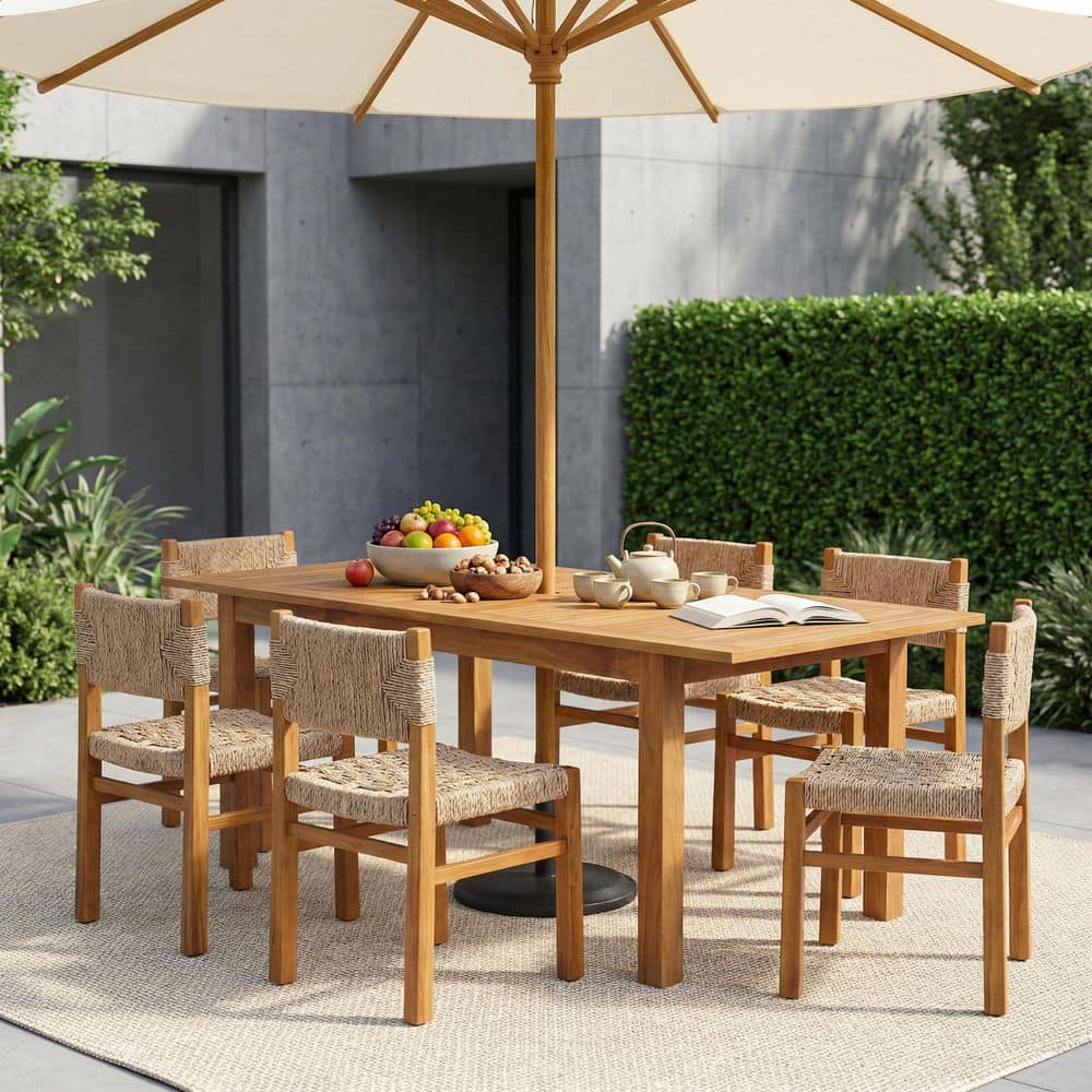 Roshni 7-Piece Rectangle Teak Solid Wood Top Extendable Dining Table Set Seats 6