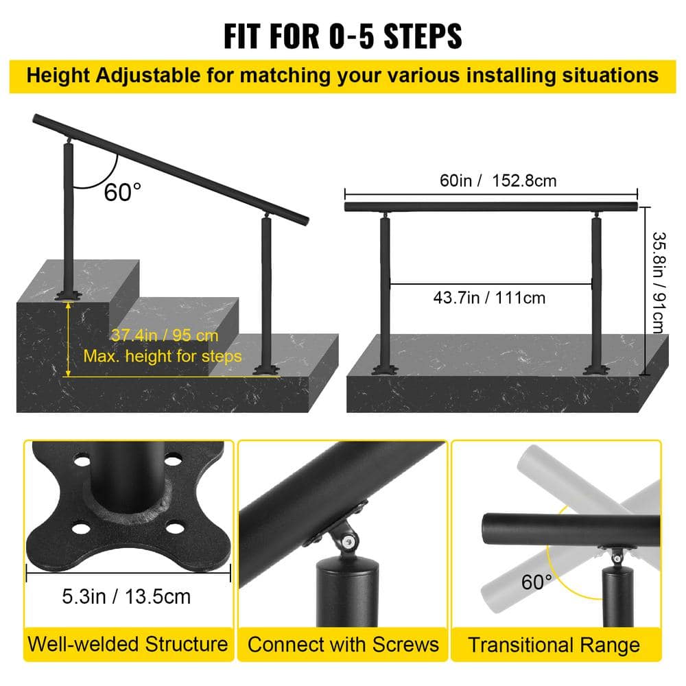 Adjustable Black Aluminum Outdoor Stair Handrail Kit, 5 ft for 0-5 Steps